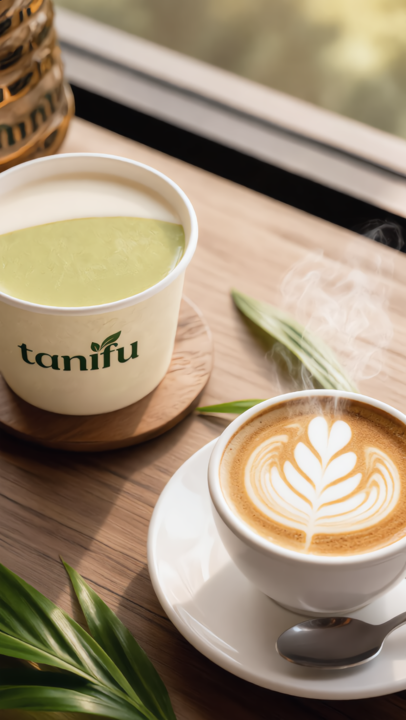 Tách cappuccino foam mịn bên ly TANIFU trên bàn café